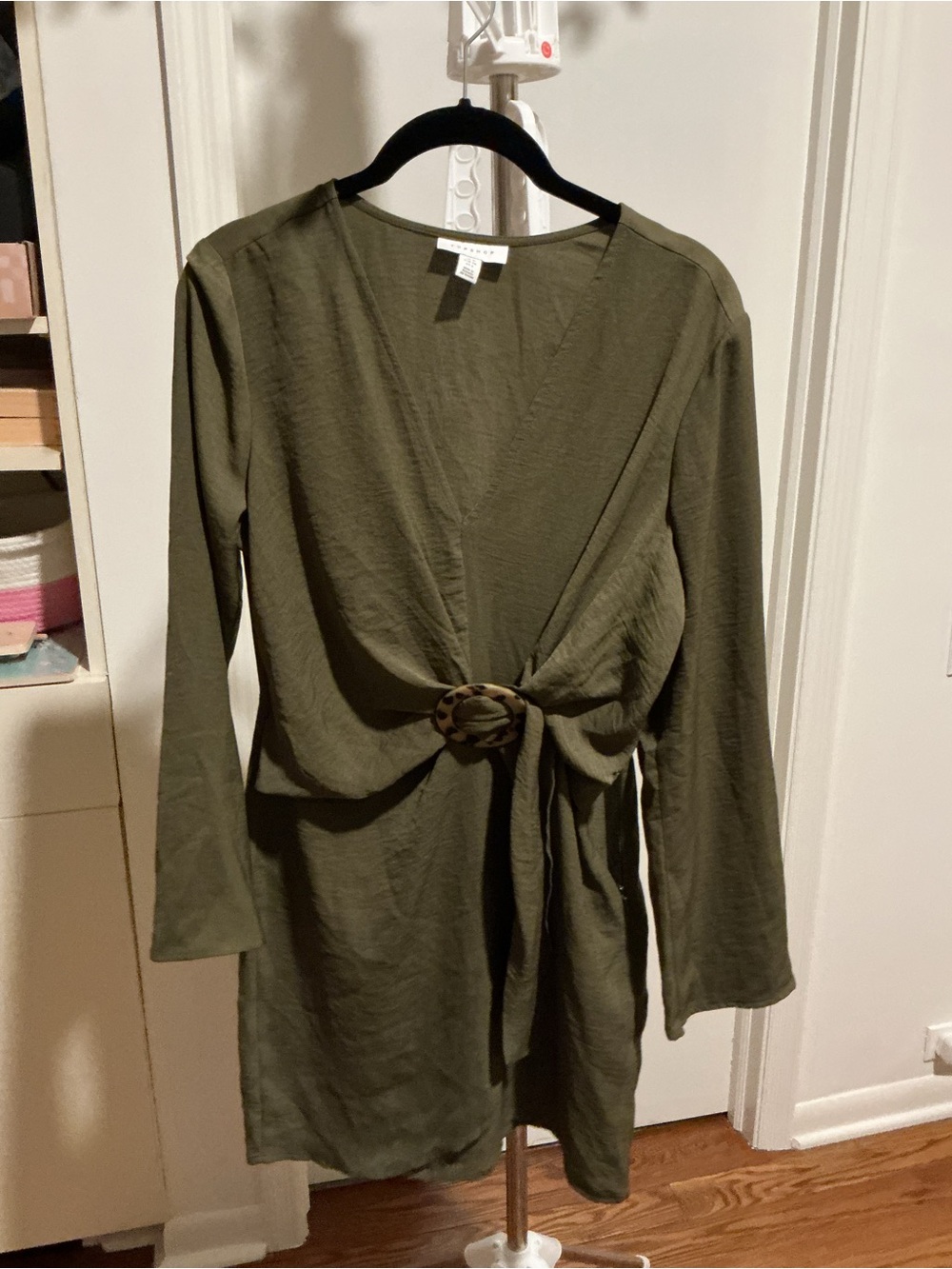Topshop Olive Tie-Front Long Sleeve Dress